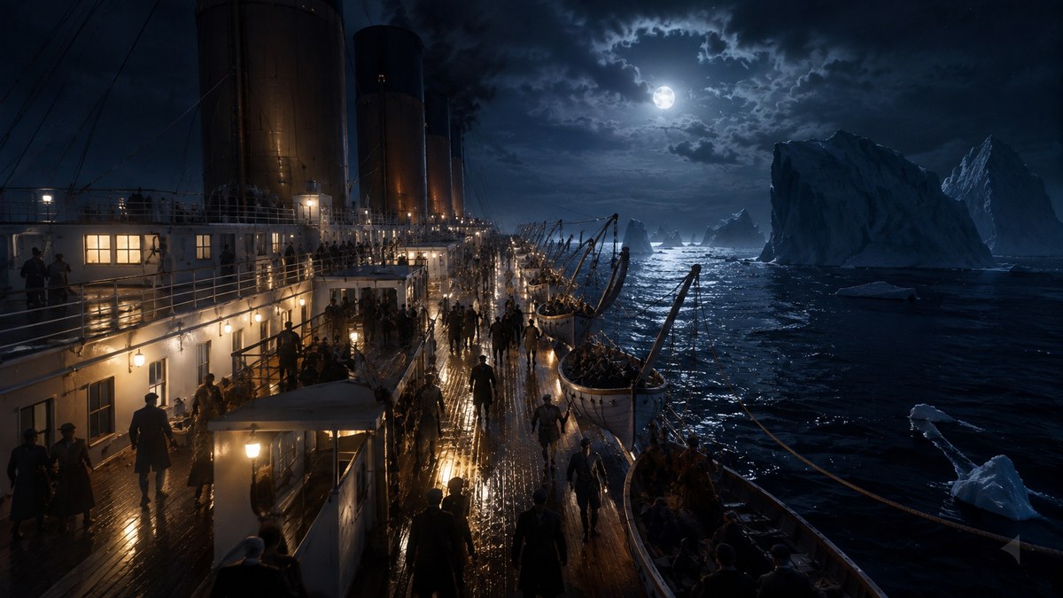 Passengers facing lifeboat decisions on an ocean liner deck at night