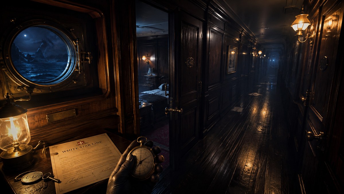 First-person investigation scene in a dark ocean liner corridor