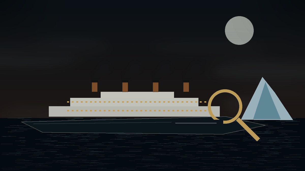 Stylized Titanic investigation scene with a magnifying glass motif