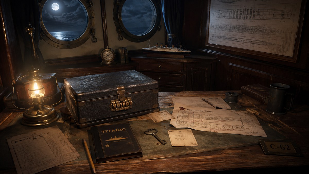 Combination lockbox, key, clues and deck plans on an ocean liner desk