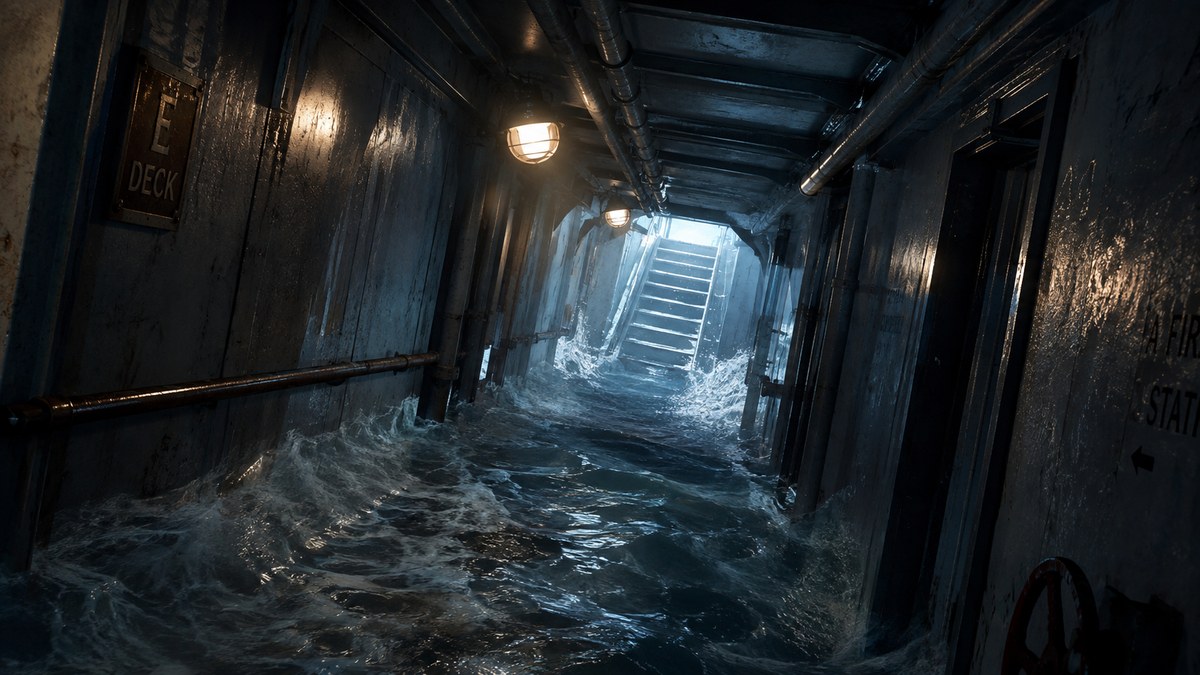 Flooded ocean liner corridor leading toward an escape route
